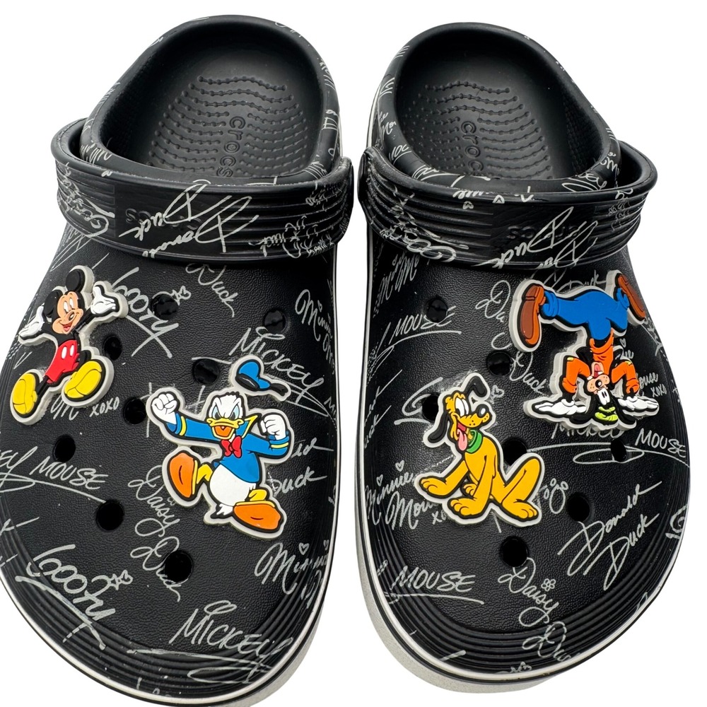 Rare Mickey Mouse and friends Disney Crocs Signature Print Black Women 6